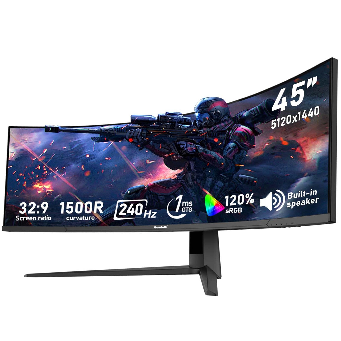 Gawfolk 45 inch Ultra-Wide Curved 1500R Gaming Computer Monitor, DQHD(5120×1440) PC Screen, 240Hz, 1MS, FreeSync, 120% sRGB, Built-in Speaker, HDMI2.1 & DP1.4, Compatible Wall Mount 100 * 00mm- Black