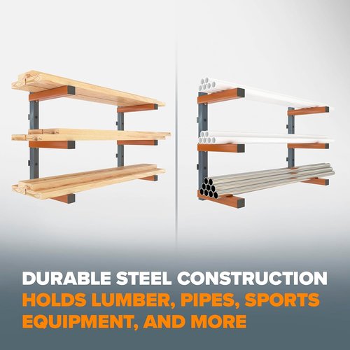 BORA 3-Level Wood Storage Rack - Heavy-Duty Wall-Mounted Shelf for Lumber | 300 lb Capacity, Orange/Black