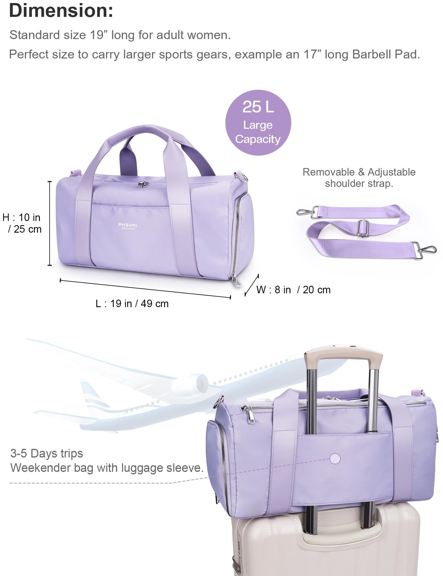 PHSYNI Gym Bag for Women Girls with Shoe Compartment & Wet Pocket - Duffle Bag for Travel Sports Fitness Workout Athletic, 19"-Medium, Purple