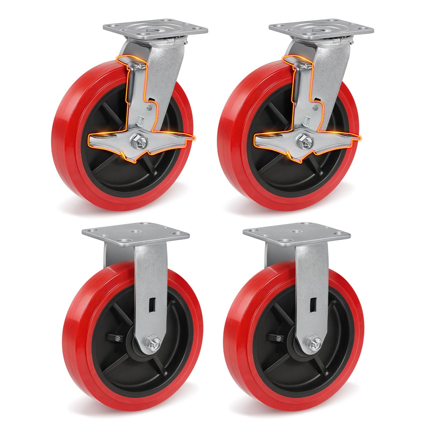 8 Inch Heavy Duty Polyurethane Casters Set of 4 (2 Brake + 2 Rigid), 8x2 Industrial Casters for Heavy-Duty Carts, Equipment Bases, Rated Load 4400 lbs Total, Locking & Straight-Line Control