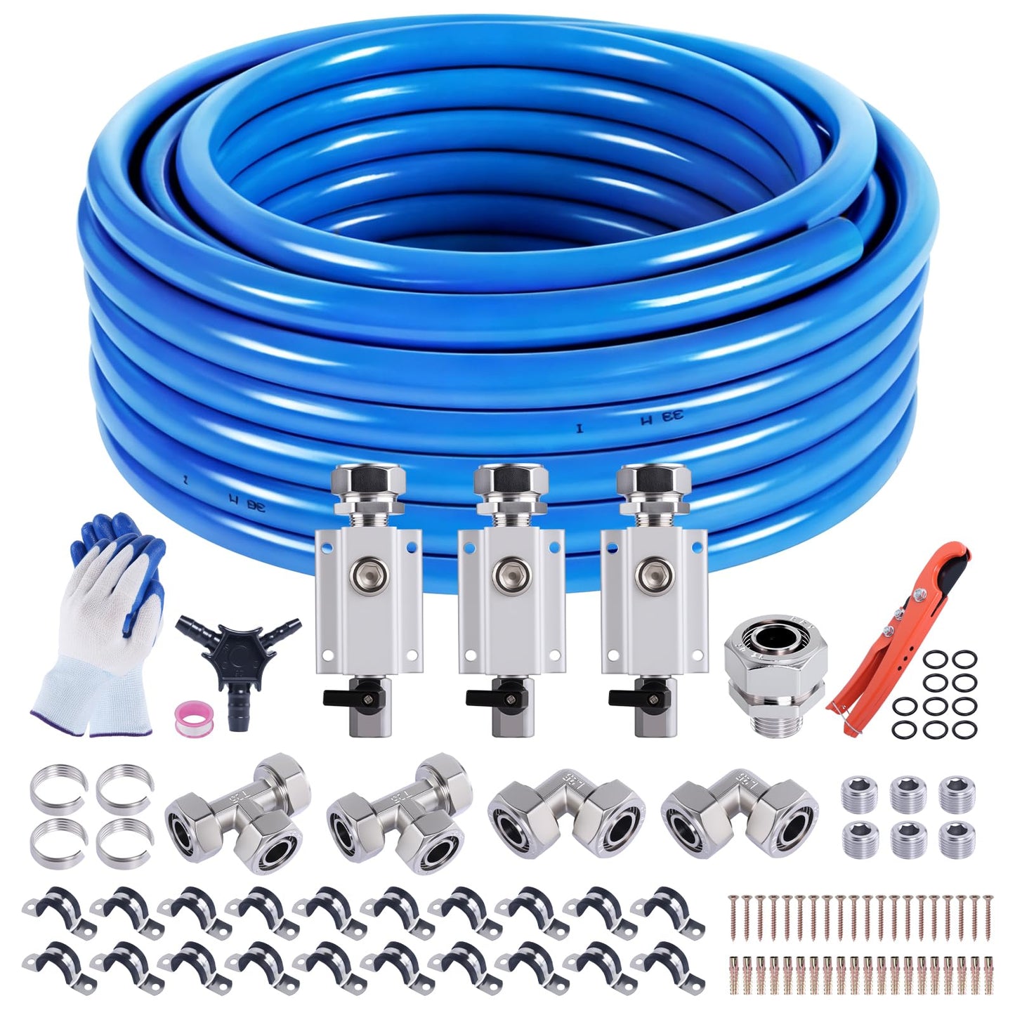 Boeray Shop Air Line Kit 3/4” 100FT Compressed Air Piping System HDPE-Aluminum-HDPE Air Tubing with 4-Way Aluminum Blocks Brass Valves Air Piping Fittings Kit Air Compressor Accessories for Garage