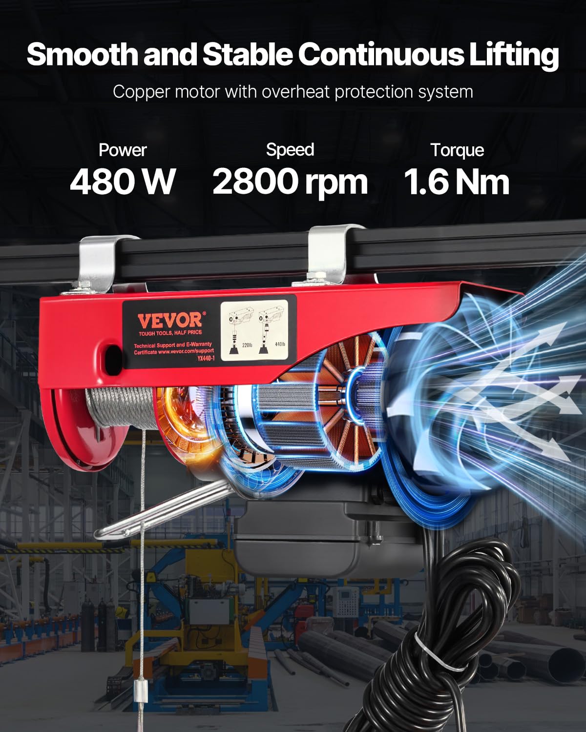 VEVOR Electric Hoist with Remote Control, 440 lbs Material Handling Tool, 110V Electric Hoist with 14ft Remote Control for Factories, Warehouses, Construction Site, Attic