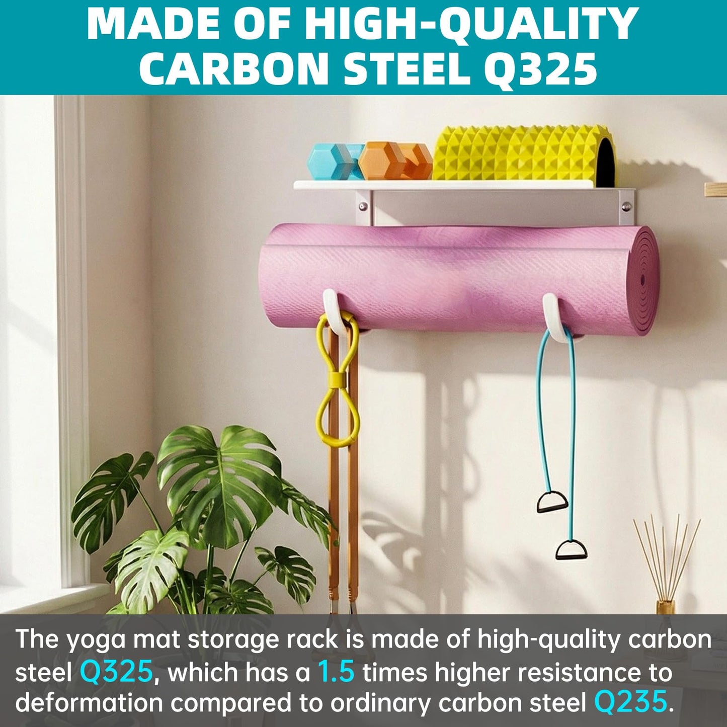 Yoga Mat Holder Wall Mount, No-Tie Mat Storage, Exercise Mat Storage Rack with Top Floating Shelf, Holding Yoga Blocks/Rollers and Pilates Mat, Workout Mat, Home Gym Equipment Accessories