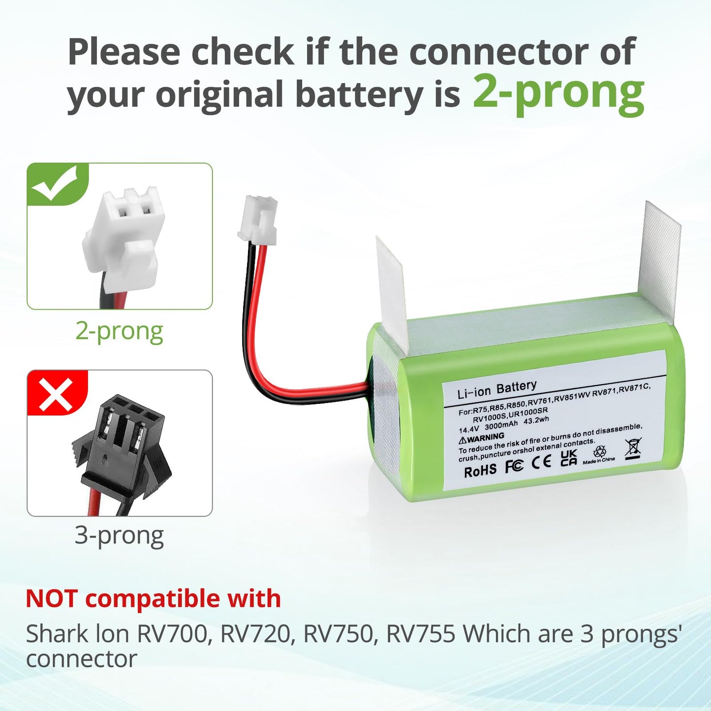 YAYA-Bechine 14.4V 3000mAh Replacement RVBAT850 Battery for Shark Ion Robot R75, RV761, RV850C, RV1000S, RV1100VL, RV101AE, UR1000SR, RV700_N, RV720_N Vacuum Cleaners (2-Prong Connector)