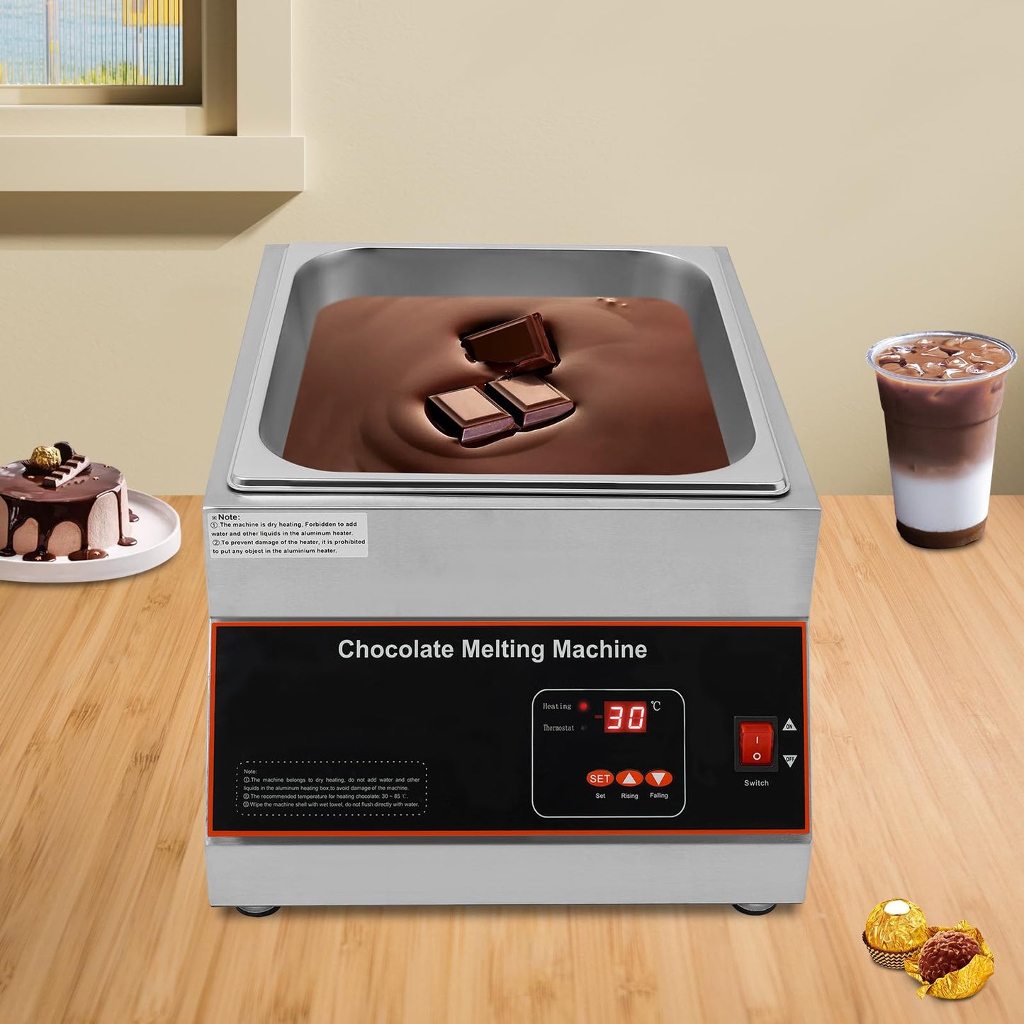 Bokknppo Chocolate Tempering Machine 32-203°F Commercial Chocolate Melting Pot 26.46 lbs Stainless Steel Food Warmer Air-heating Chocolate Fondue with Lid for Restaurant Home Party (Single Pot)