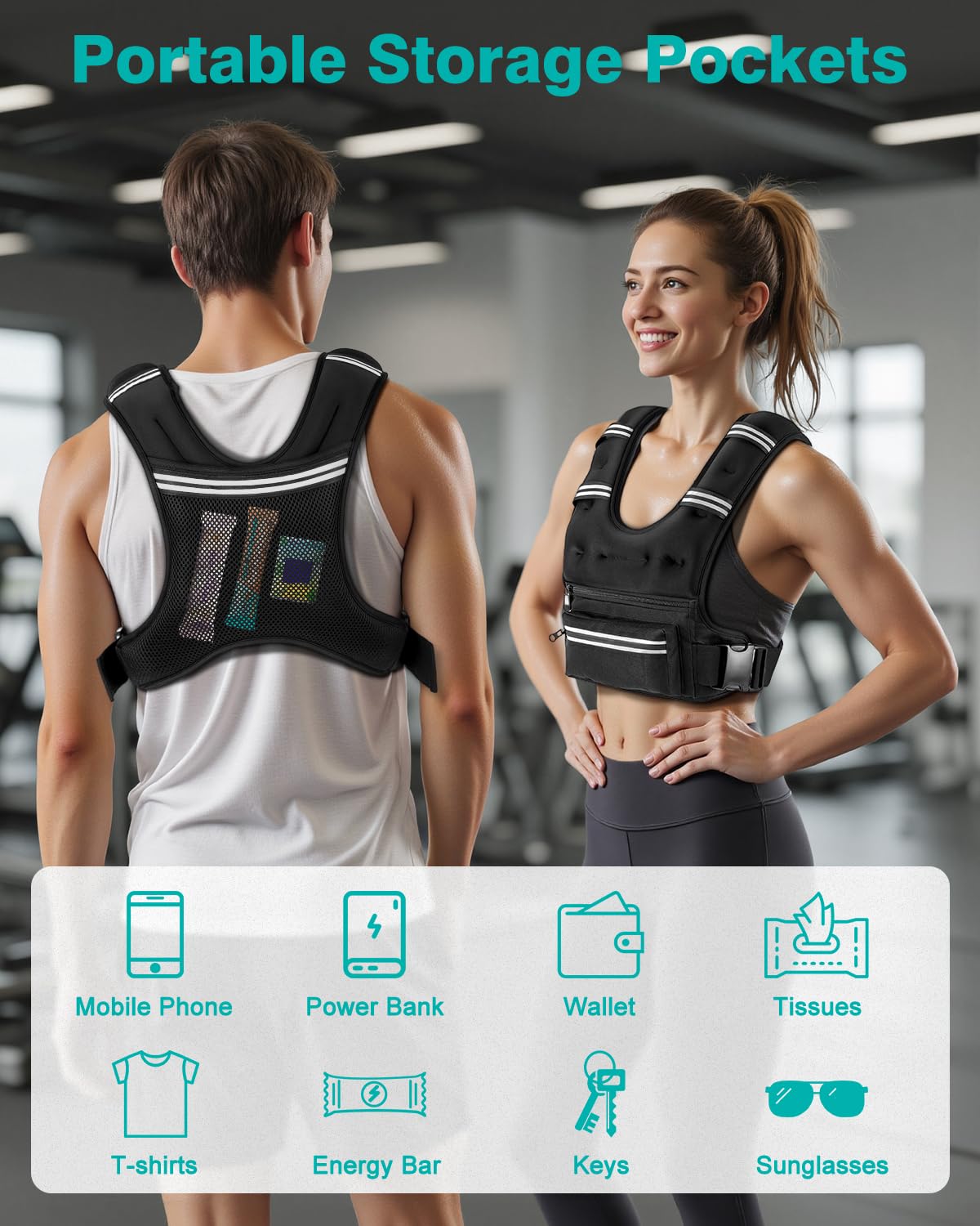 Mieakvool Weighted Vests for Women Men, 8 12 16 20 lb Weighted Vest with Storage Pockets, Rucking Vest with Reflective Stripe, Adjustable Straps Weight Vest for Running, Walking, Workout, Training