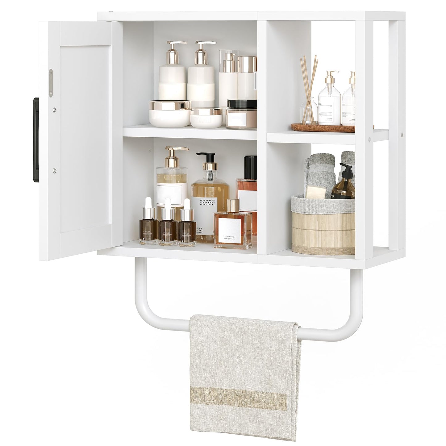 YATINEY Medicine Cabinet, Bathroom Wall Cabinet with Towel Bar, Over The Toilet Storage Cabinet with Adjustable Shelf and Open Partition, for Bathroom, Laundry Room, Living Room, Kitchen, White