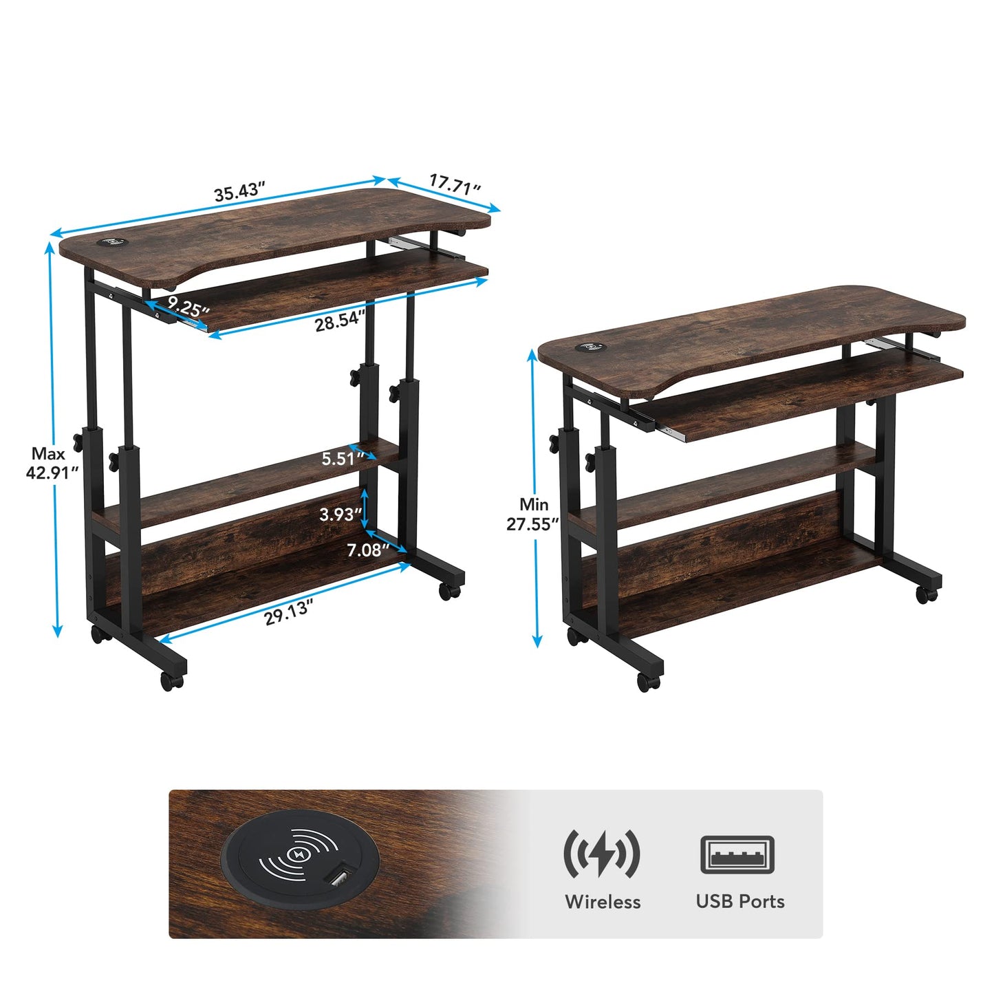 Tribesigns Portable Desk with Power Outlets, Height Adjustable Side Table Sofa Couch Bedside Laptop Computer Cart with USB Charging Ports, Mobile Small Standing Desk with Keyboard Tray