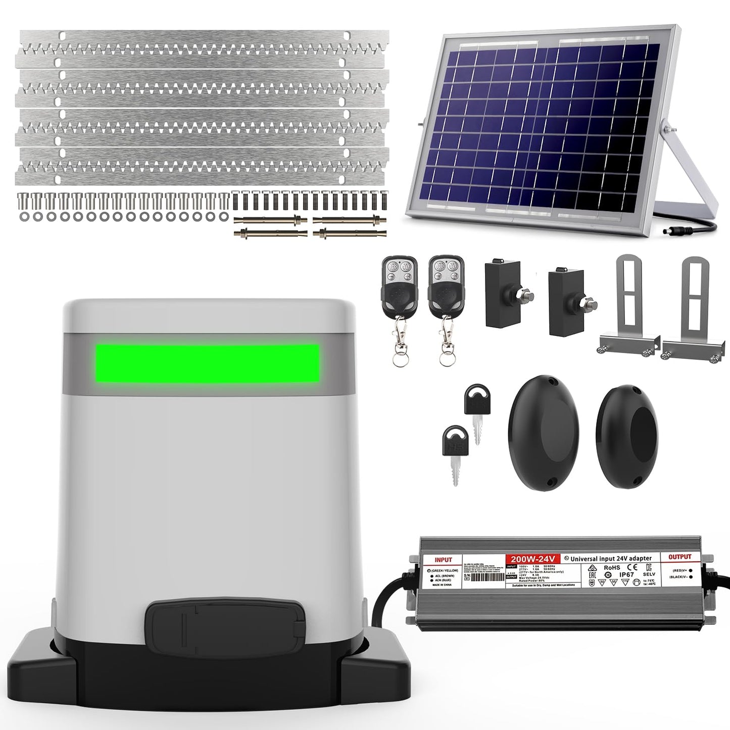 Blütezeit 1400lb Sliding Gate Opener with AC 220V to DC 24V Adaptor, Solar Power | WiFi Control | Built-in Battery Slide Gate Motor Rack Driven (Racks & Solar Panel Included)