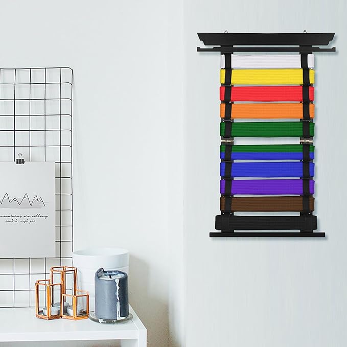 JUXYES Wall Hanging Martial Arts Belts Organizer for 10 Belts with Medal Hanger and Stickers, Bamboo Karate Belt Display Holder Rack, Taekwondo Belt Display Holder for Martial Arts Learners