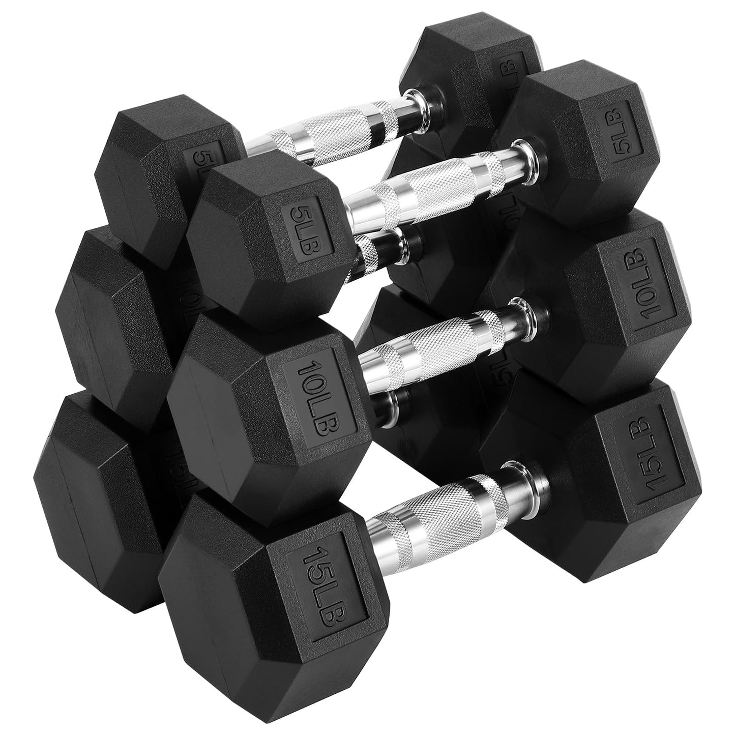 60 lbs Hex Dumbbell Set for Fitness – Rubber & PVC Coated, Anti-Slip Grip, Odorless, Free Weights for Men & Women – Strength Training at Home Gym, (5lbx2+10lbx2+15lbx2)