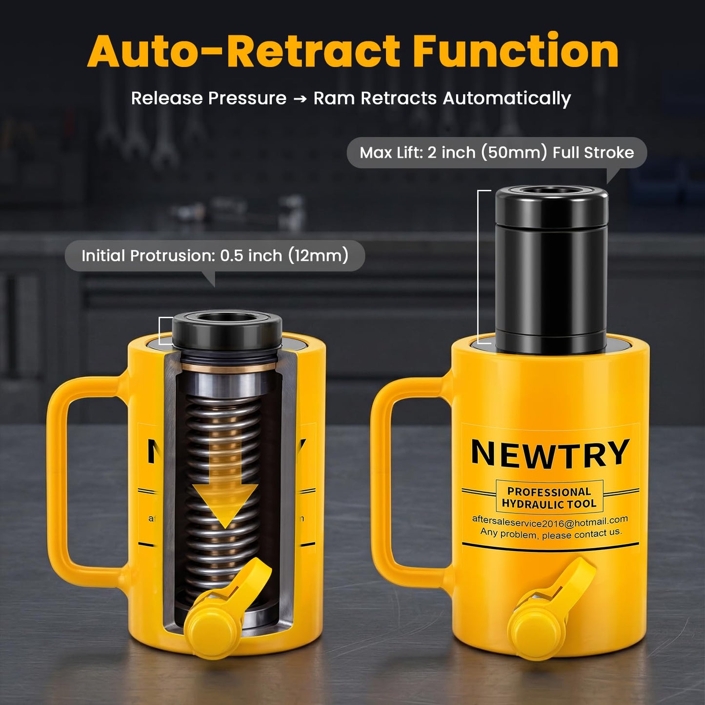 NEWTRY 20 ton Hydraulic Hollow Jack Cylinder 2’’ Stroke Porta Power Ram Industrial Lifting Jack Retract Automatically