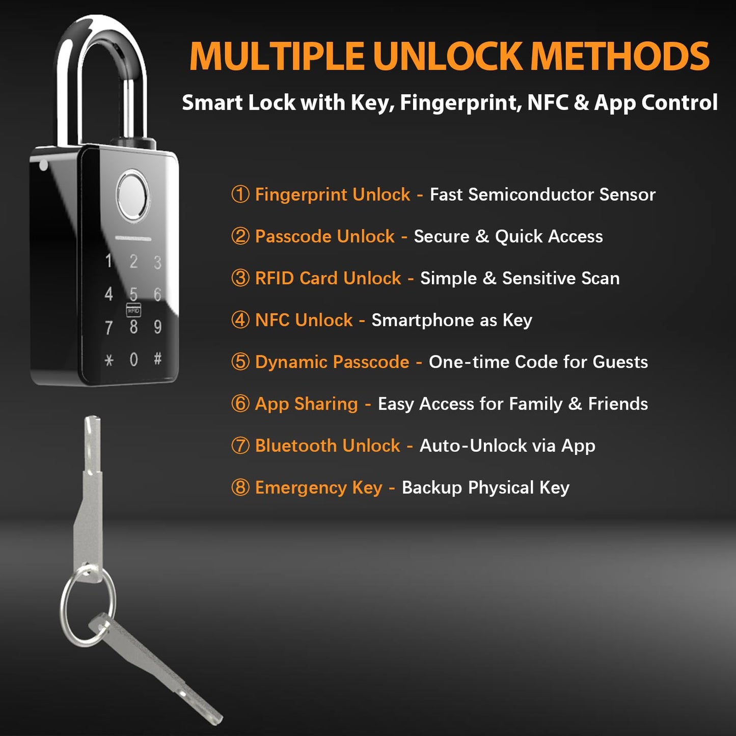 Heavy Duty Smart Fingerprint Padlock with Key, Bluetooth Outdoor Gate Lock IP66 Waterproof, 5 Ways Unlock Smart Gate Lock for Fence Gate Pool Shed Gym Lock Storage, Locker, Tuya App (Gray)