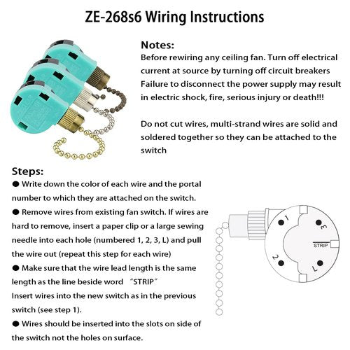 Akahttbn Ceiling Fan Switch Zing Ear ZE-268S6 3 Speed 4 Wire for Ceiling Fans and Wall Lights Pull Chain Switch Replacement,with Bronze Pull Chain