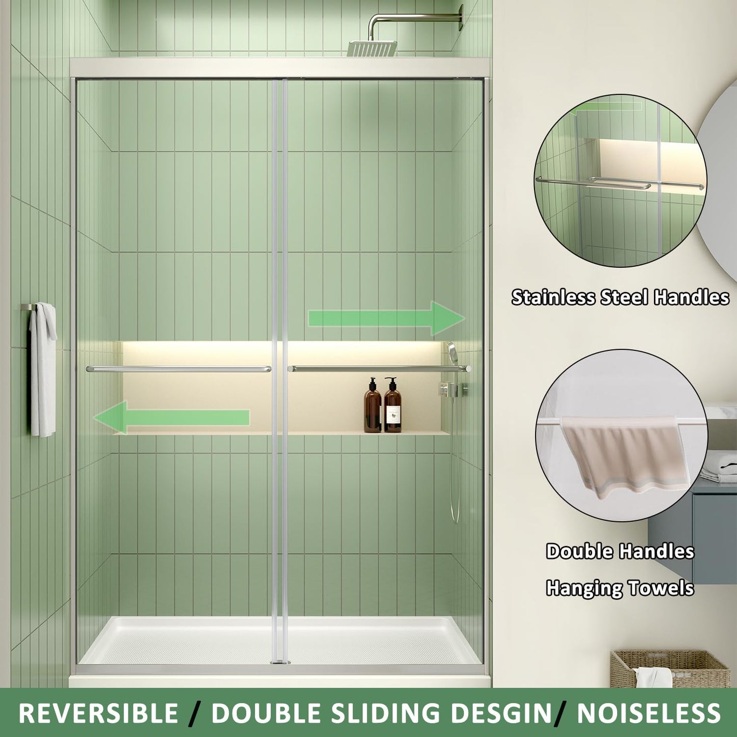 ACE DECOR 44-48" W x 70" H Semi-Frameless Shower Door, Double Sliding Shower Door with 1/4" (6mm) Clear SGCC Tempered Glass, Chrome Finish Shower Doors, Reversible Installation