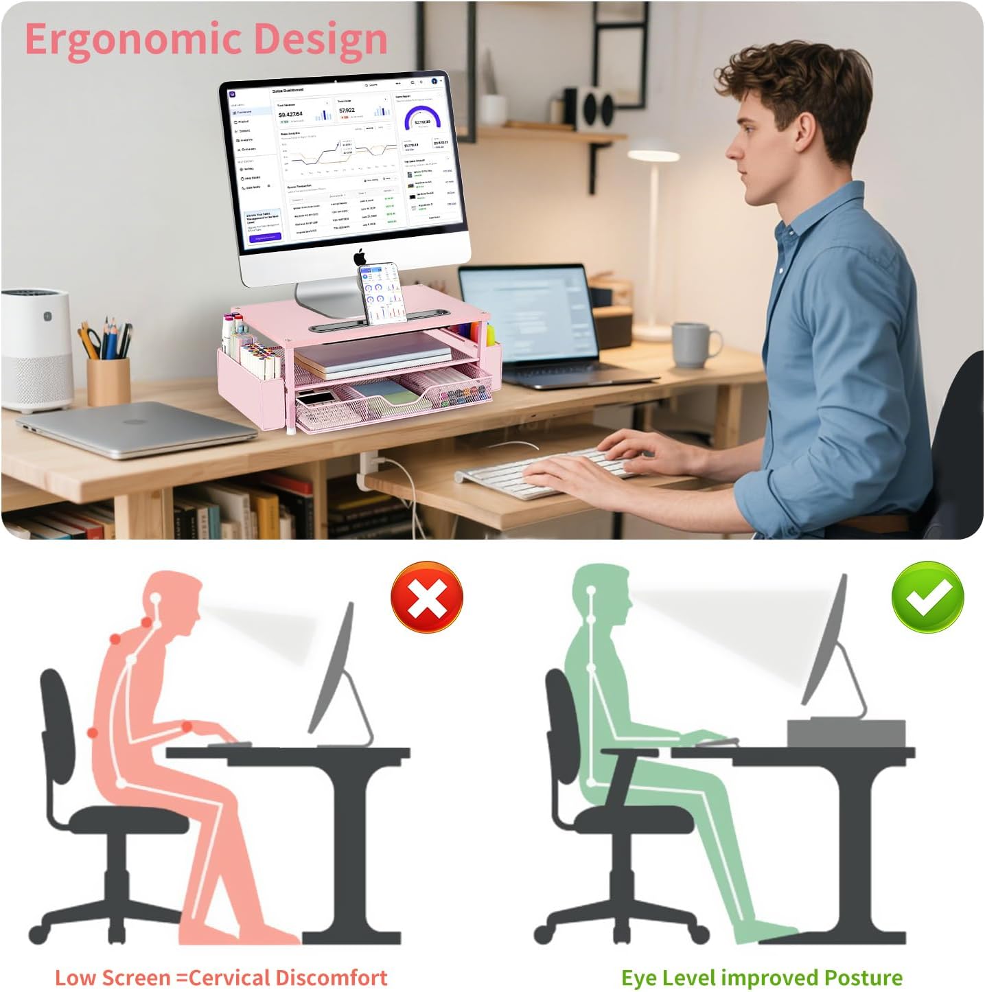2-Tier AUPSEN Pink Desk Organizers and Accessories, Wood Computer Monitor Stand with Drawer, Pen Storage & Phone