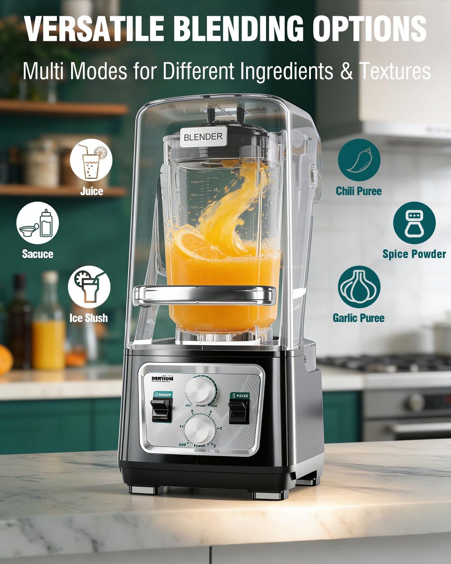 WantJoin Commercial Blender- 80Oz Quiet Shield Smoothie Blender, 1600W Professional Ice Crusher with 6 Blades & 15 Speeds, High-speed Ice Drink Maker for Restaurant Café Home, Dishwasher Safe