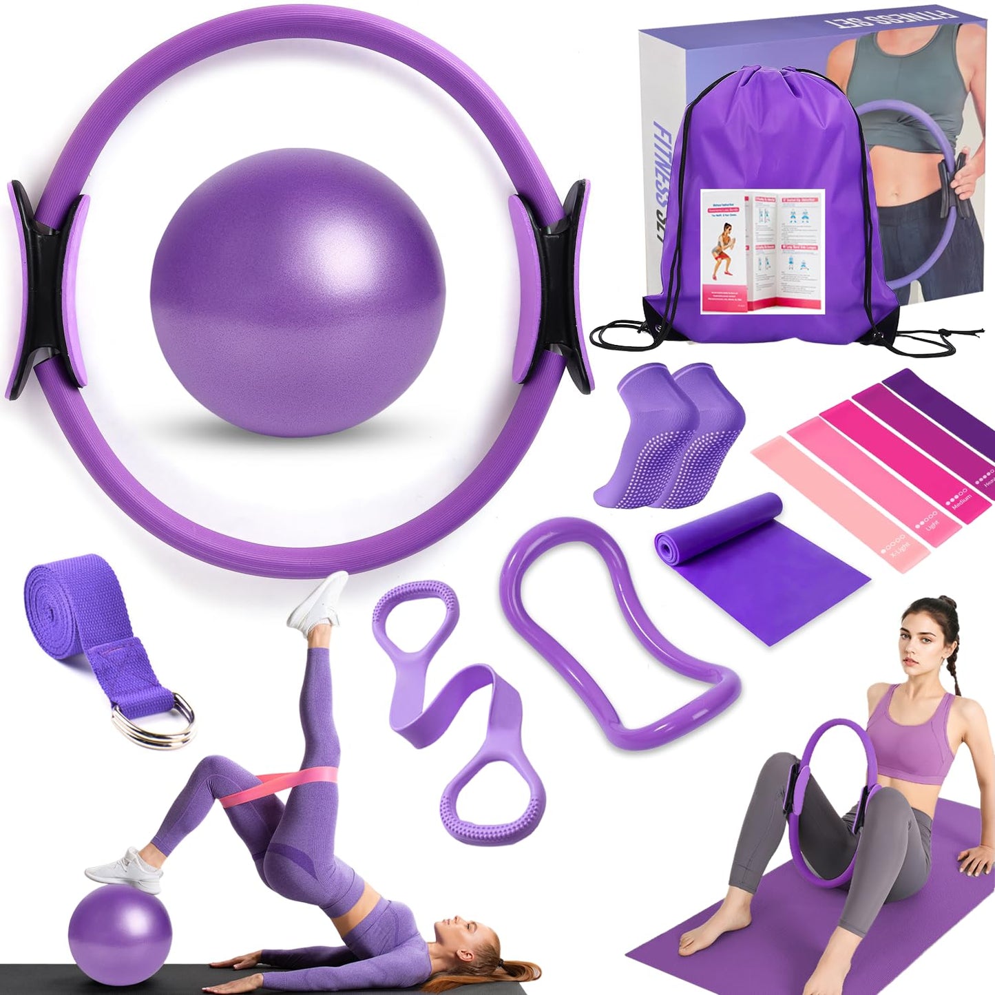 Pilates Ring Equipment Set, Home Pilates Kit for Women with 13’’ Magic Ring with Dual Padded Handles, Small Pilates Ball, 5 Resistance Bands & Complete Fitness Guide, Pilates Essential Accessories