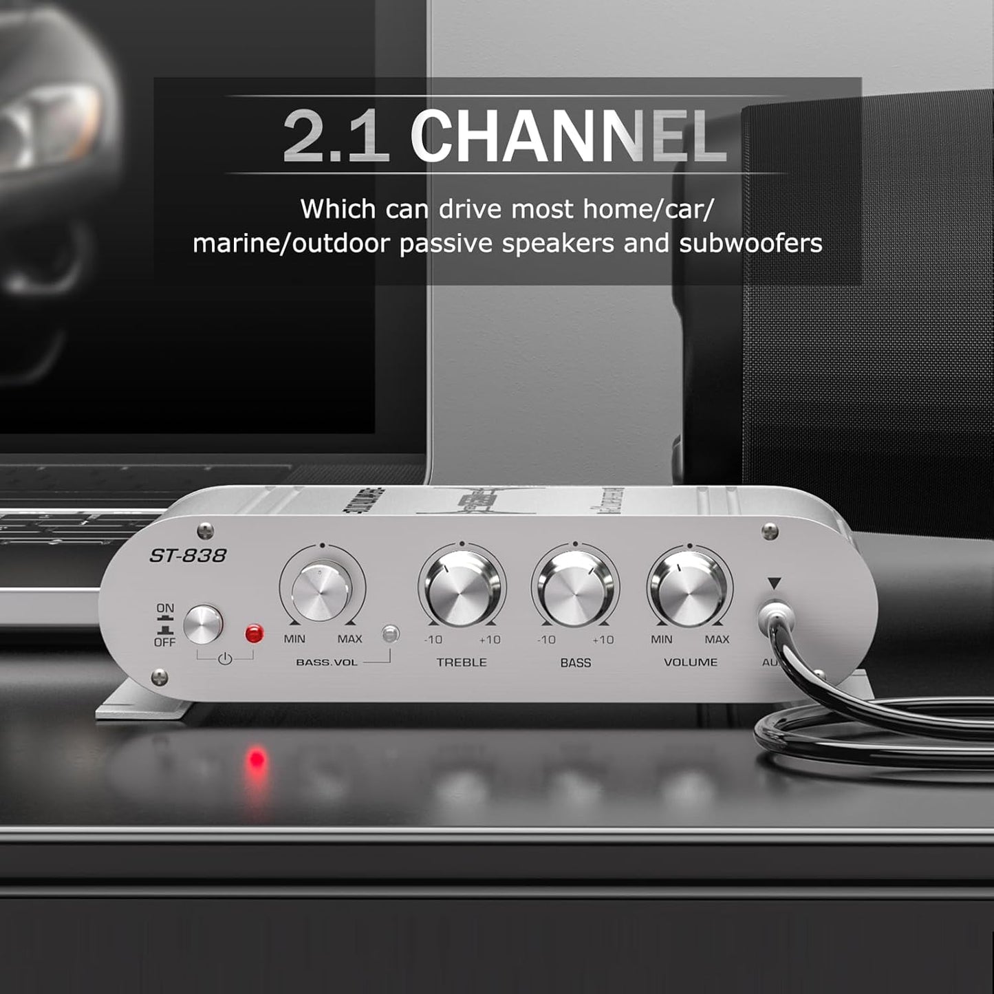 Facmogu ST-838 2.1CH 20Wx2+40W 80W DC12V Audio Power Amplifier, RMS Class D Stereo Digital Audio Amp with Subwoofer