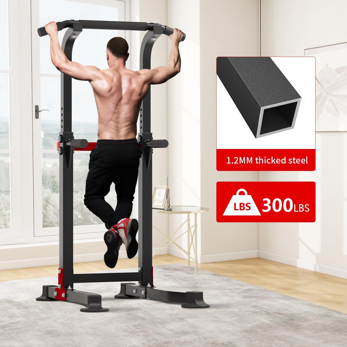 ZENOVA Pull Up Bar Dip Bar Power Tower Workout Dip Station Height Adjustable Free Standing Chin Up Bar for Men Women Teens 300LBS Weight Capacity