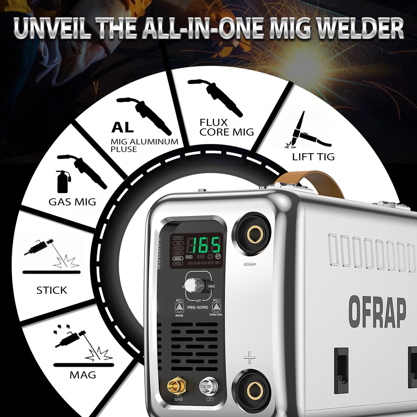 OFRAP Aluminum MIG Welder Newest 2026, 110/220V MIG Welding Machine165A, 6-in-1 Flux Core/Gas Mig/Mag/Stick/Lift Tig/Mig Aluminum Multi-process Welder Machine