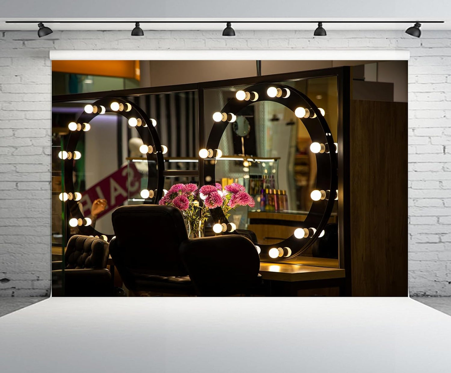 CHNYWORK 6ftx4ft Bulb Makeup Room Backdrop Beauty Salon Interior Mirror with Light Frame Dark Background Professional