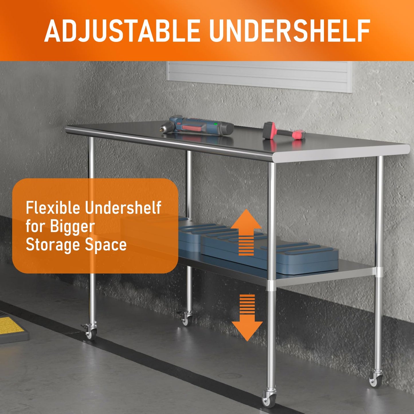 HOCCOT Stainless Steel Table with Wheels for Food Prep & Work 30" x 60" Utility Table with Adjustable Undershelf, Commercial Workstation in Kitchen, Garage, Home and Hotel
