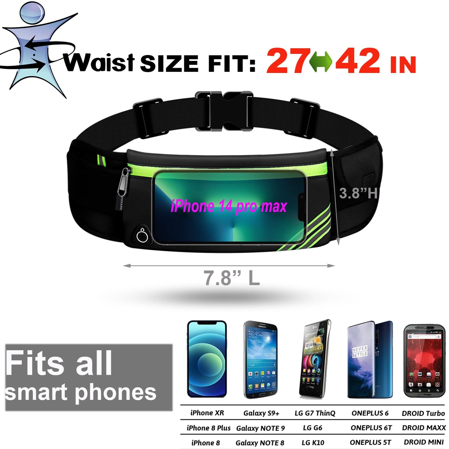 USHAKE Running Belt with Bounce-Free Pouch for iPhone and Samsung Galaxy - Ideal for Running, Walking, Cycling, and Gym Workouts Black