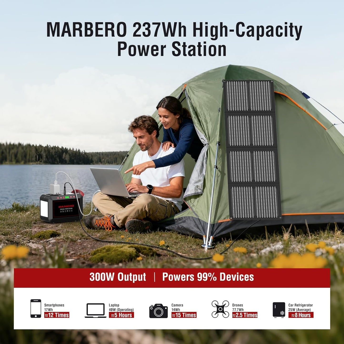 Portable Power Station 300W MARBERO 237Wh Camping Solar Generator Backup Lithium Battery with Pure Sine Wave 110V AC Outlet, USB C, USB A, DC for Outdoors Camping CPAP Home Blackout Emergency