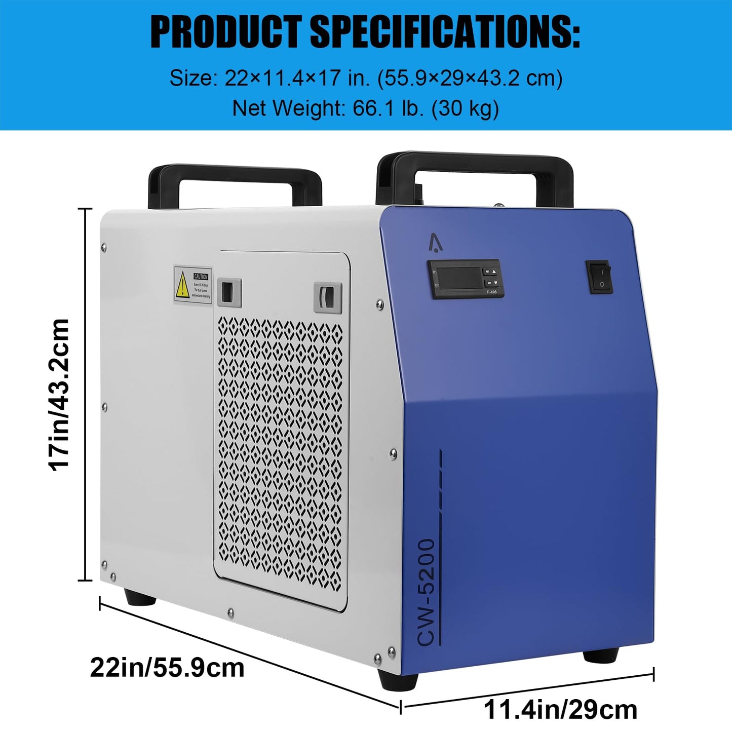 6L Industrial Water Chiller CW-5200, 0.9HP 2.6gpm Water Cooling System for 50W-150W, CO2 Laser Engraving & Cutting Machines, Cools 5200 BTU/Hour