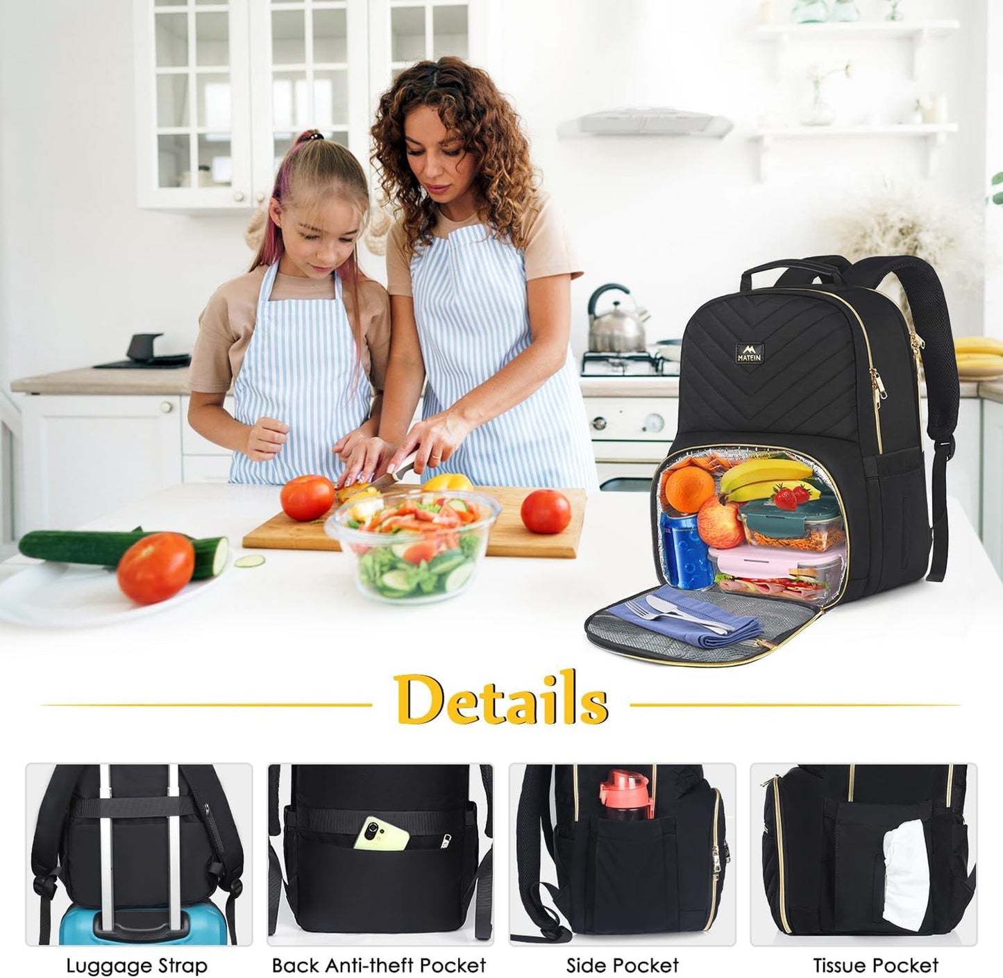Backpack Backpack Pack 15.6 Inch Commuting, MATEIN Work with Lunch Compartment, Insulated Quilted Lunch for Women