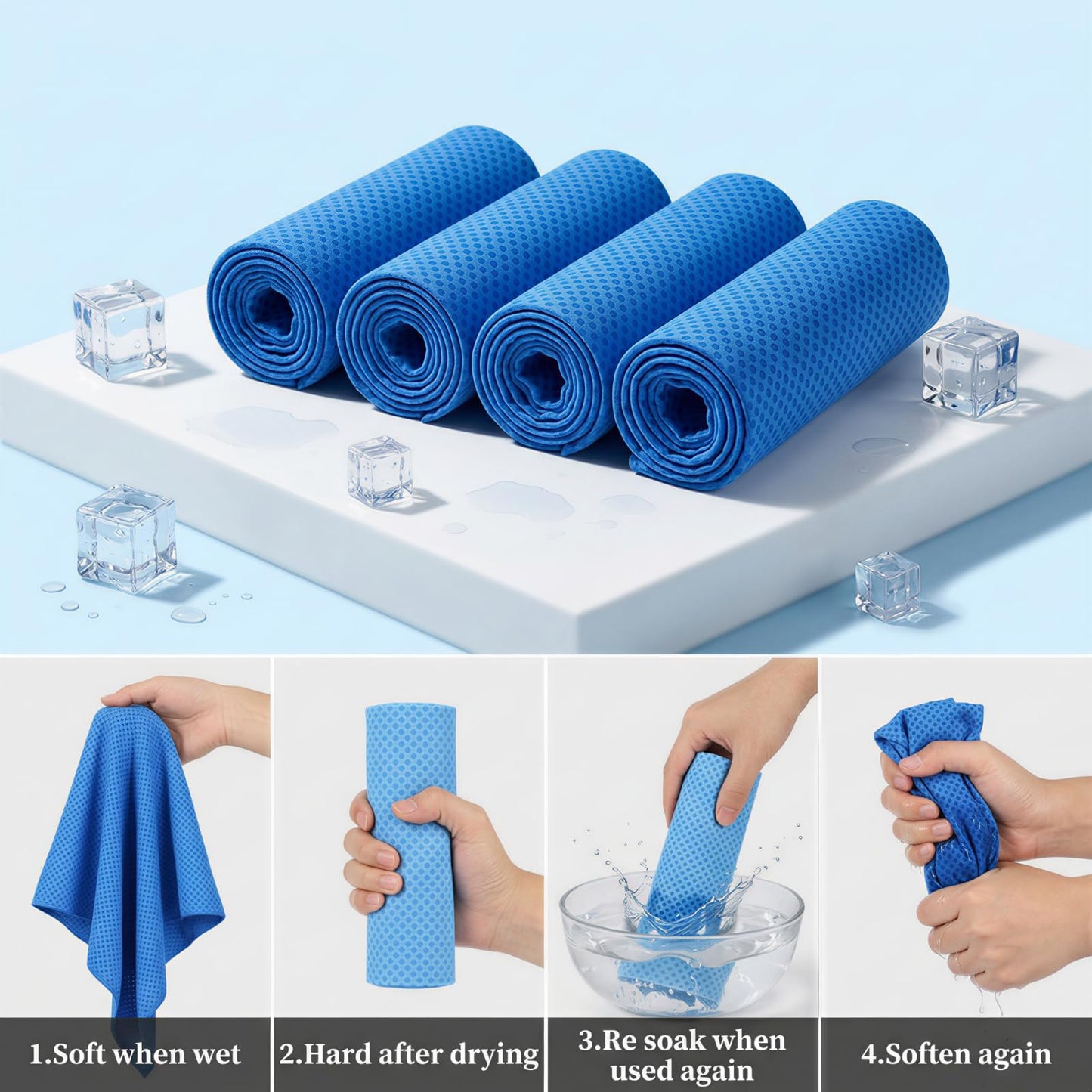 Premium PVA Cooling Towels for Neck and Face,4pcs 33"*12.7" Cooling Neck Wraps with Textured Dot Surface for Summer Heat,Cool Rags for Hot Weather, Cold Scarf for Gym Yoga Run,Blue (Blue)