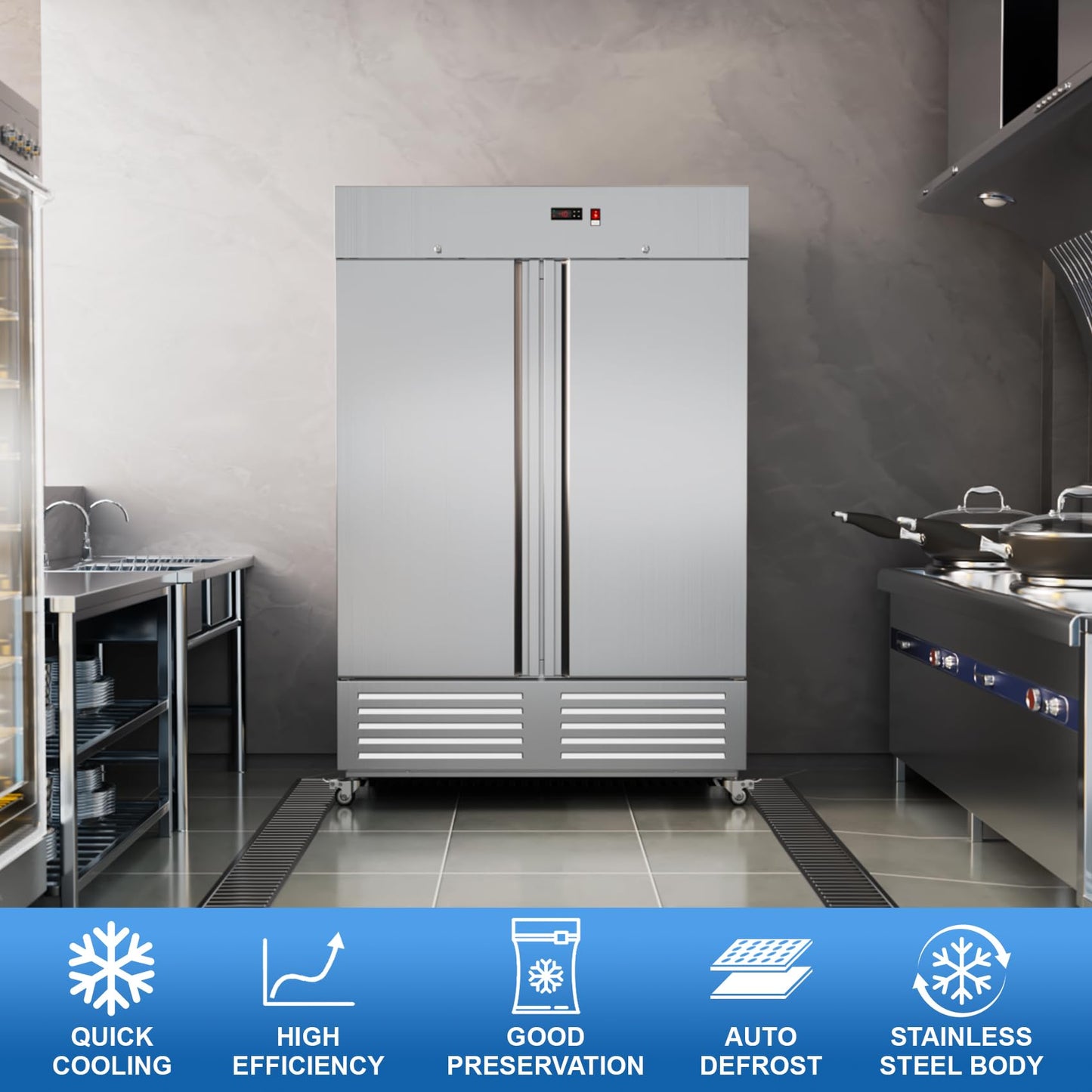 54"W Commercial Freezer 2 Door Stainless Steel Upright Freezer Reach-in Solid Door Upright Fan Cooling 36 Cu.ft 2 Section Freezer -8-1°F for Restaurant, Bar, Shop