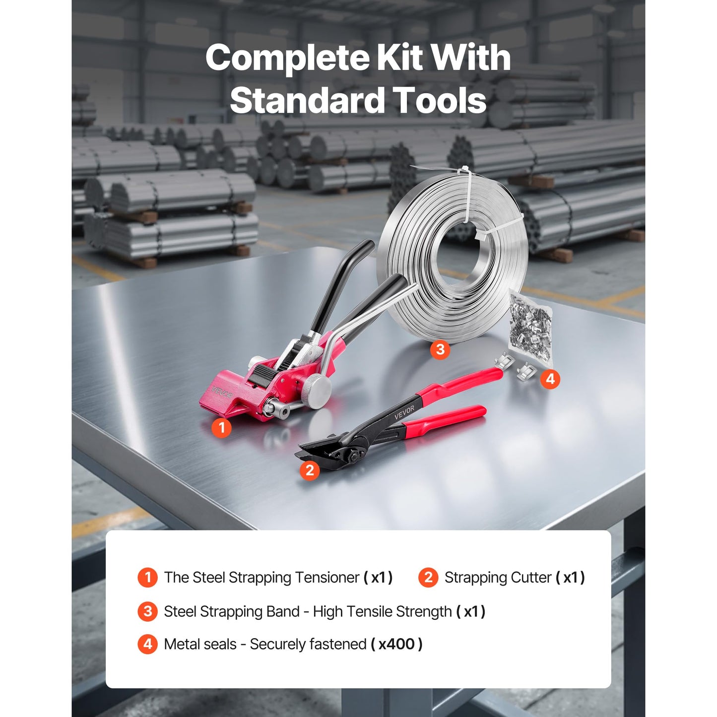VEVOR Steel Banding Strapping Kit, Heavy Duty Banding Sealer Tool with 400 ft Binding Straps, 400 Metal Clasps, Manual Pallet Packaging Strapping Kit for Warehouse, Transportation, Industrial Bundling