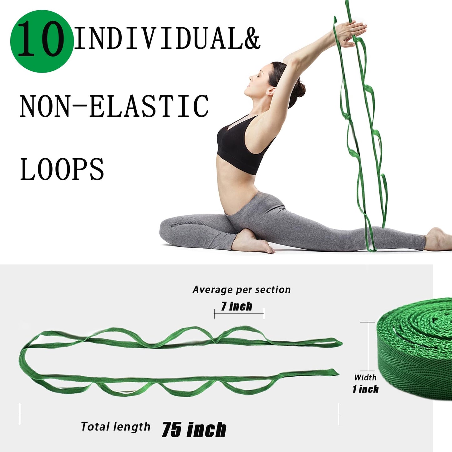 Stretching Strap Yoga Strap with Loops, Stretch Straps for Physical Therapy, Non-Elastic Exercise Strap for Pilates, Dance and Gymnastics with Workout Guide (Dark Green)