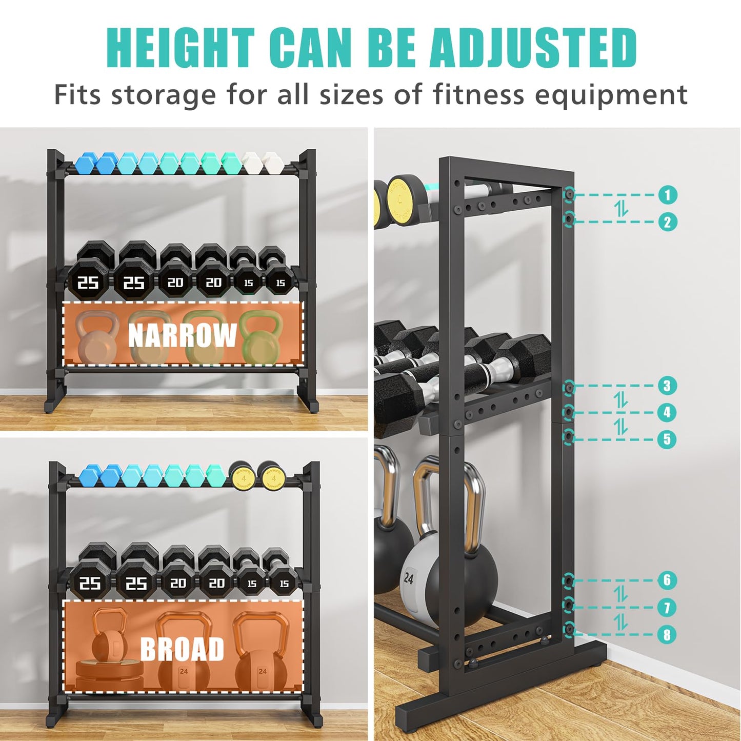Kificet 3 Tier Adjustable Dumbbell Rack, 33.6-Inch Weight Rack for Home Gym, Extended Base kettlebell holder for Home Gym, Space-Saving Dumbbell Stand - 900LBS Capacity (Rack Only)