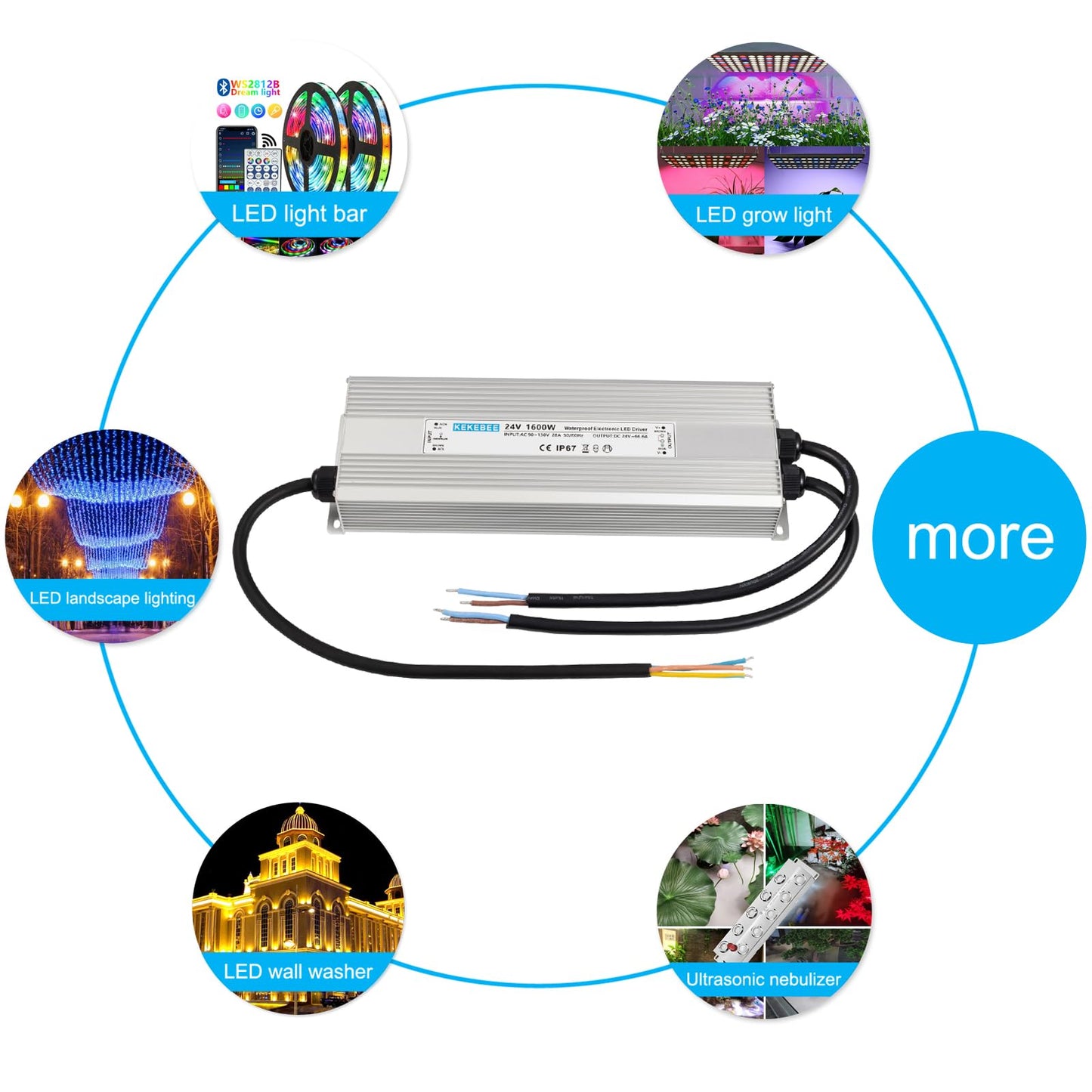 KEKEBEE LED Driver 24V1600W Waterproof Power Supply AC 90-130V to DC 24V66.6A Waterproof Switching Power Supply IP67 Transformer Suitable for Indoor and Outdoor LED Lighting and Any 24V DC Equipment