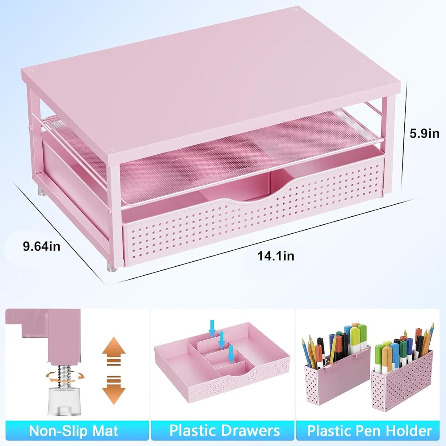 2 2-Tier gianotter Wood Monitor Stand Riser, Desk Organizer with Drawer and Pen Holders, Workspace Organizer for Office