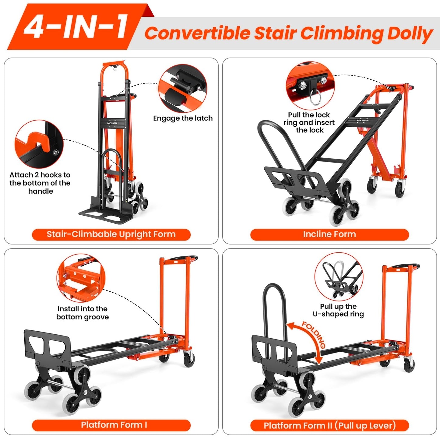 1000LBS Heavy Duty Convertible Hand Truck, 3 in 1 Aluminum Stair Climbing Dolly, Folding Hand Truck Dolly Cart with Solid Wheels for Moving/Travel/Office (Orange)
