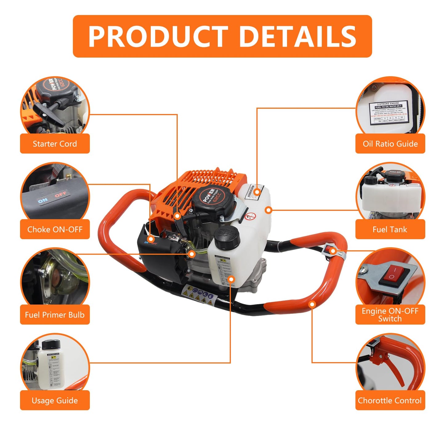 72CC Auger Post Hole Digger, 2 Stroke Gas Powered Earth Post Hole Digger with 3 Auger Drill Bits(4" & 6" & 12") + 2 Extension Rods for Farm Garden Plant, Orange (72cc+3 Auger(4"6"12")+2 Ext)
