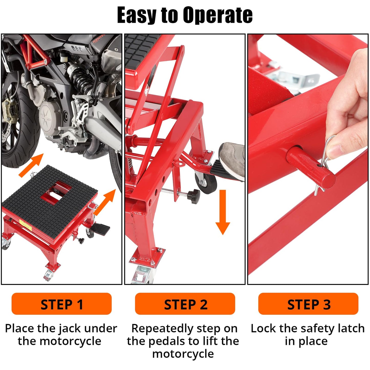 Hydraulic Motorcycle Lift Table, 350 LBS Capacity Foot-Operated Scissor Jack with Wide Non-Slip Deck, 3-Position Safety Pin & 4 Caster Wheels for ATV Dirt Bikes & Motorcycles