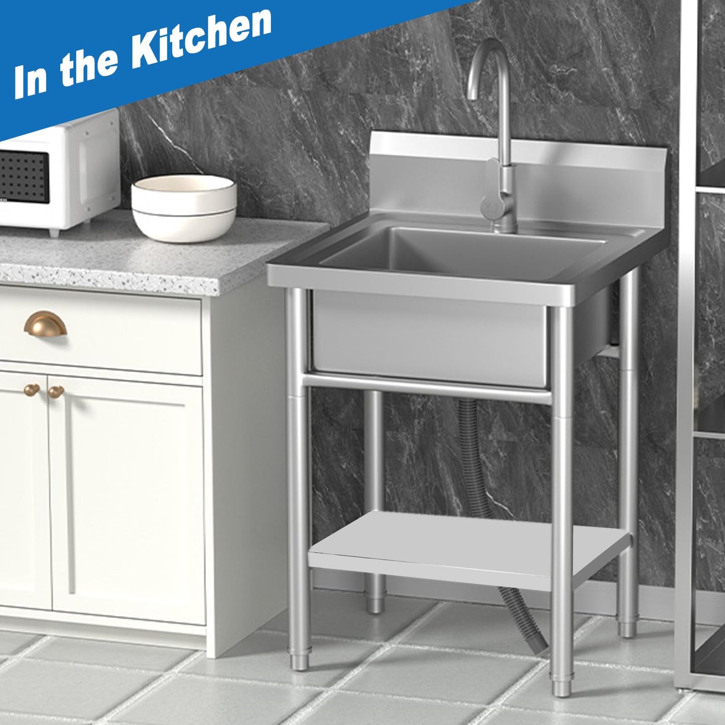 20''Stainless Steel Utility Sink with Hot/Cold Water Plumbing & Shelf for Kitchen, Bathroom, Laundry