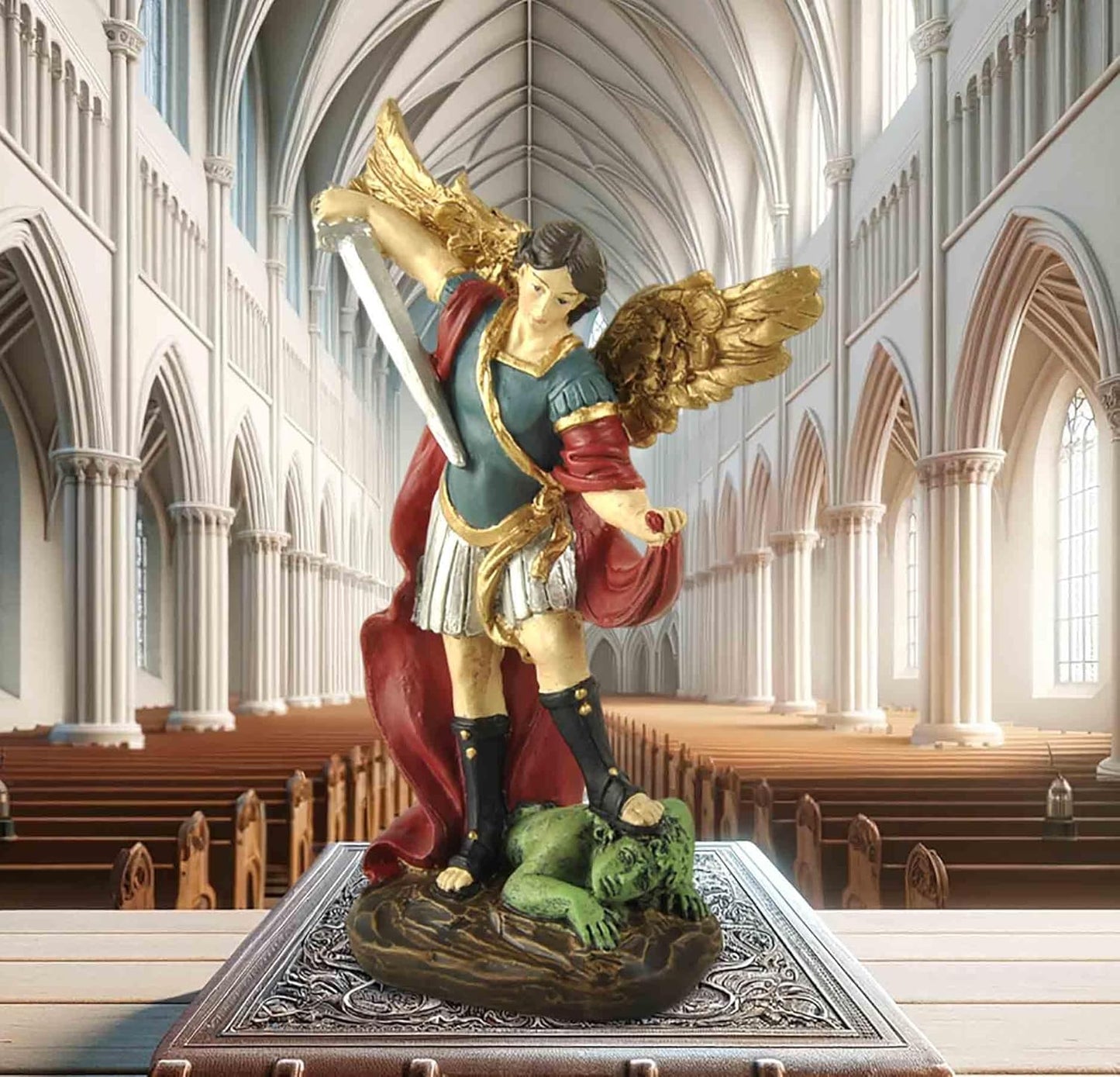 San Miguel Archangel Statue - Saint Michael Defeats Lucifer | Religious Collectible Angel Figurine, 5.31” H