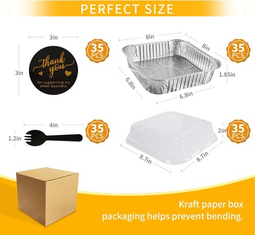 GrillChef 35-Pack Aluminum Foil Baking Cake Pans - Disposable Square Trays with Lids & Spoons
