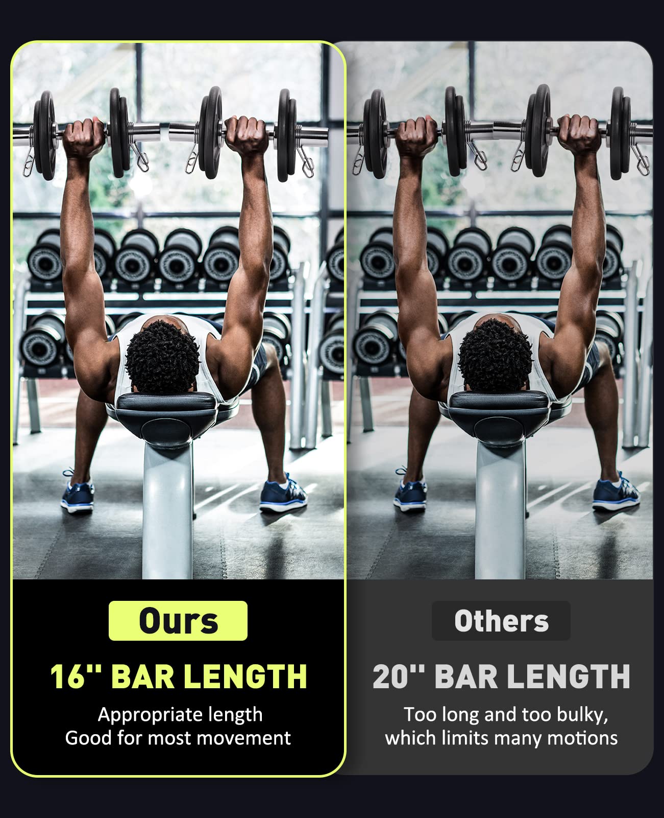 AboveGenius 16" Olympic Dumbbell Handles, Solid Steel Loadable Weight Bars for 2-Inch Plates, Adjustable Home Gym Strength Training Equipment (Includes 4 Spring Collars)