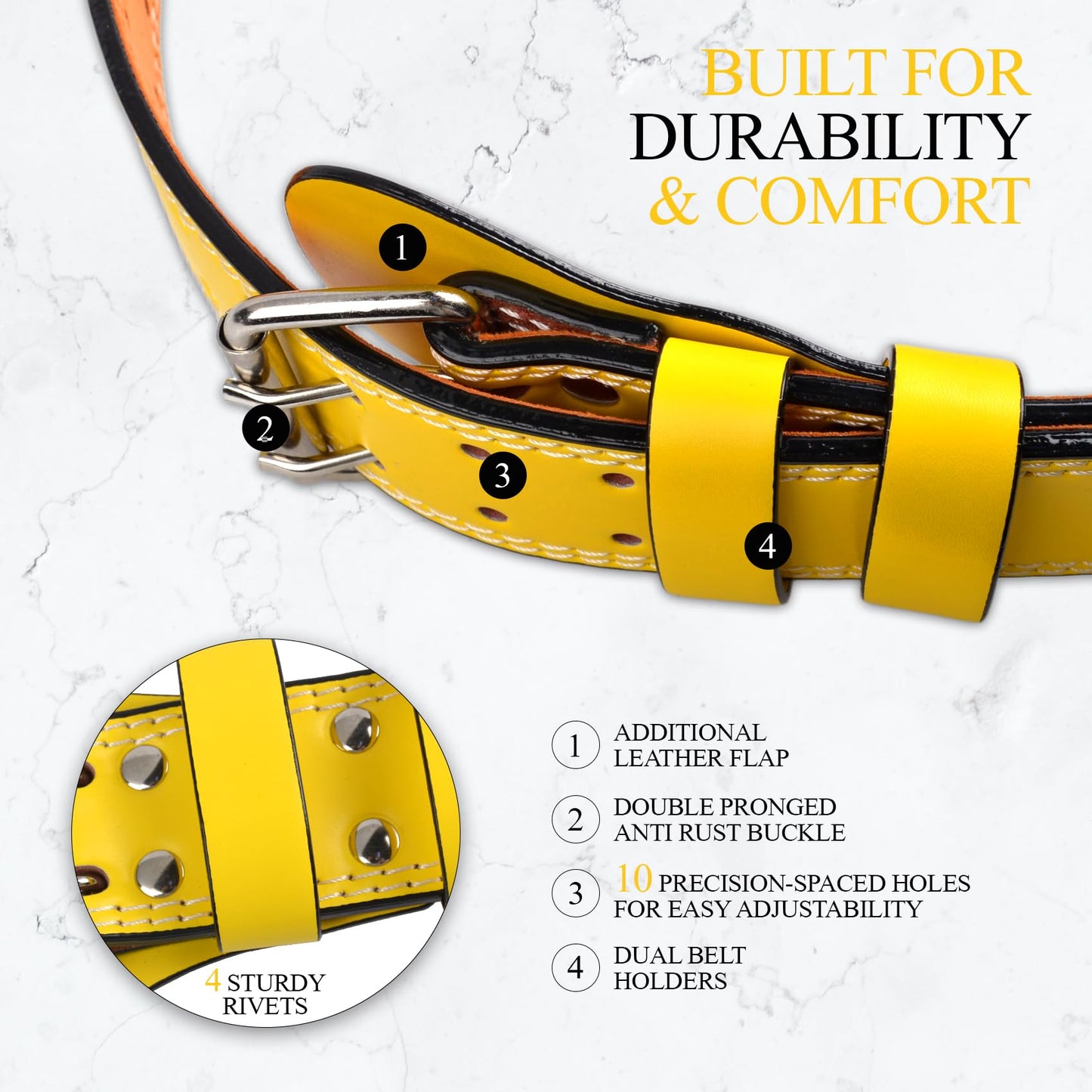 Leather Gym Fitness Belt, 4" & 6" Padded Lumbar Back Support, 10 Adjustable Holes for Weightlifting Powerlifting Bodybuilding Deadlift Squat Workout Strength Training (6-Inch, Yellow, XL (37"-40"))