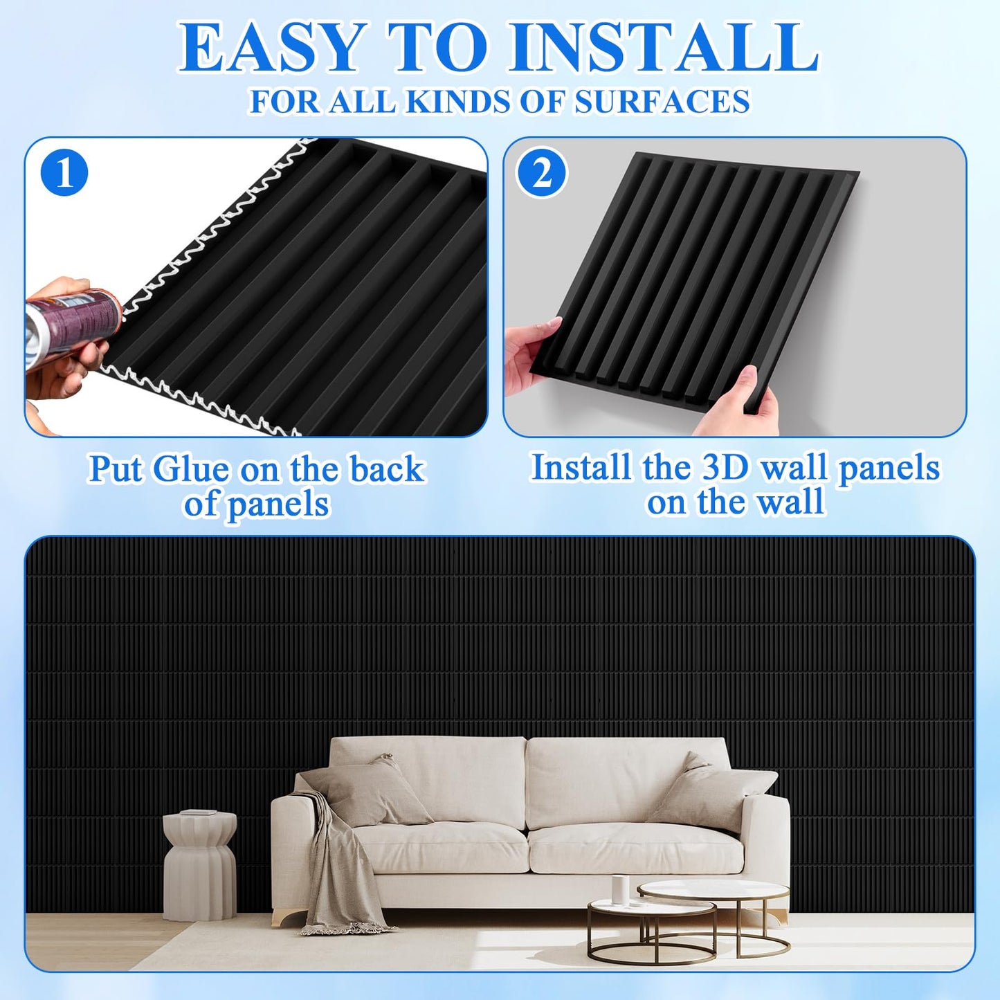 Nuanchu 32 Pcs 3D Wall Panels for Interior Wall Decor, 12''x12'' Fluted Textured Black Accent Tiles Waterproof Paintable for Living Room TV Background Bedroom Bathroom Gaming Room, 32 Sq. ft Coverage