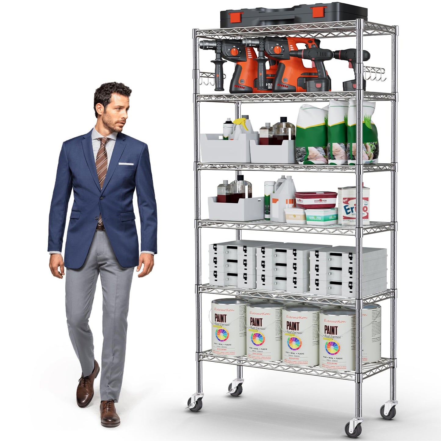 YNN Storage Shelves,6000Lbs 6 Tier Heavy Duty Metal Rolling Shelving Unit with Wheels & 8 Hooks, Adjustable Garage Wire Rack for Kitchen, Bathroom,Industrial,Pantry(36" W x 14" D x 72" H, Chrome)