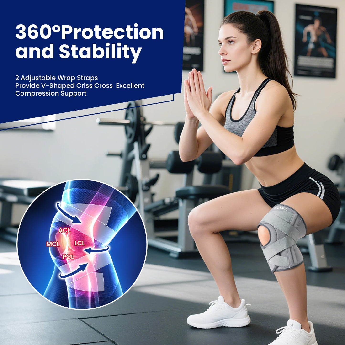 JOMVD Knee Brace for Knee Pain, Meniscus Tear, Adjustable Knee Support with Side Spring Stabilizers for ACL,Meniscus Tear, Arthritis, Patella Stability, Knee Pain Relief, Women and Men,Large