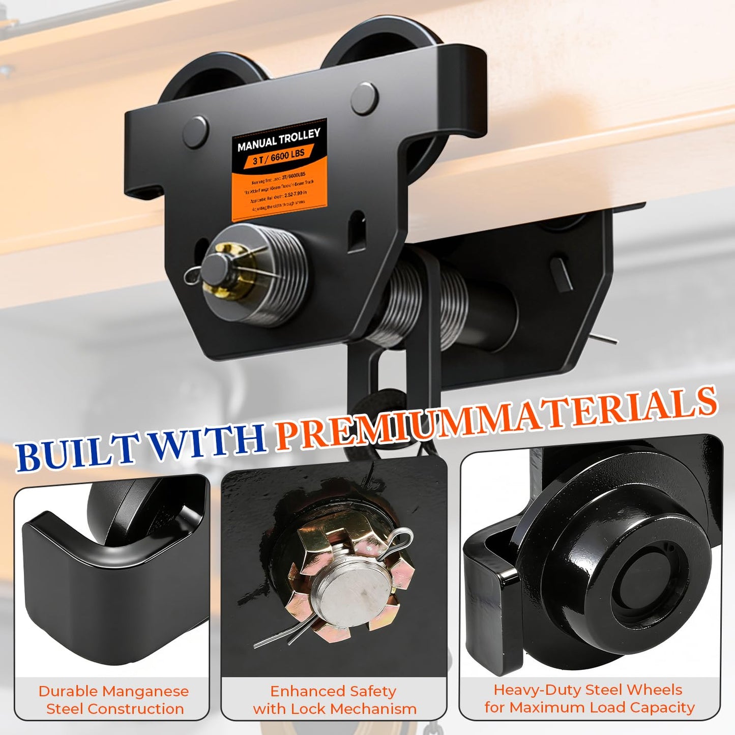 POWLAB I Beam Trolley 3 Ton Manual Adjustable for I-Beam Flange Width 3.66" - 8.46", Overhead Push Beam Trolley Heavy Duty Dual Side Wheels, for Garage Hoist for Straight Curved I Beam
